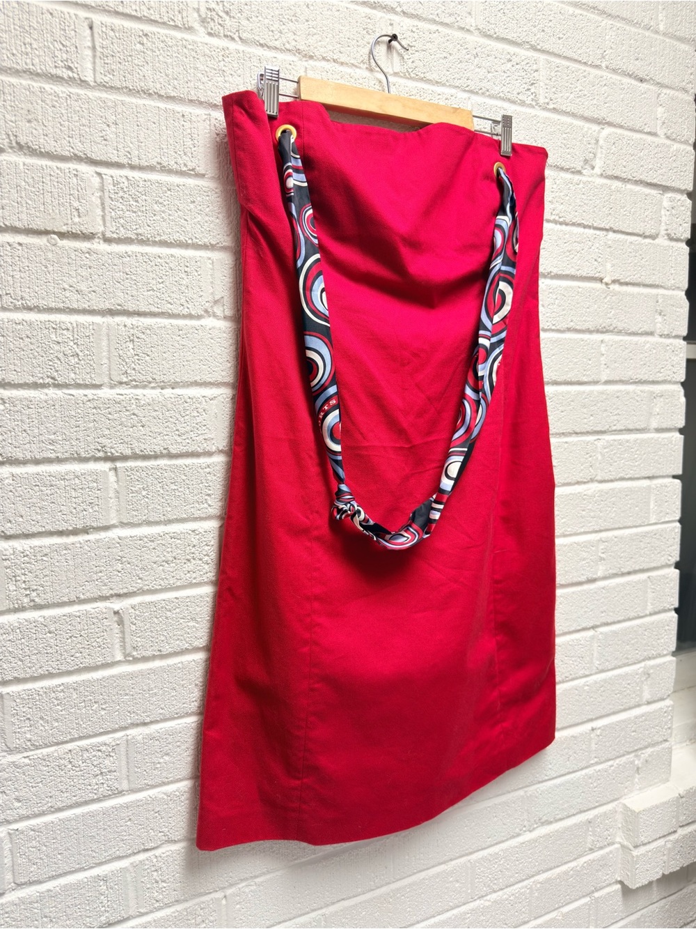 Ports 1961 Strapless Red Midi Dress with Printed Sash